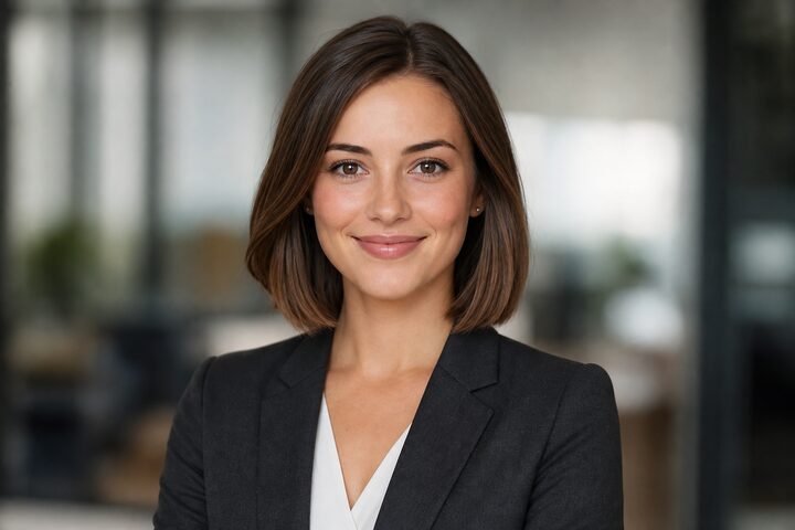 Photorealistic AI avatar, professional woman in a dark blazer