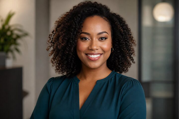 Photorealistic AI avatar, professional woman in teal