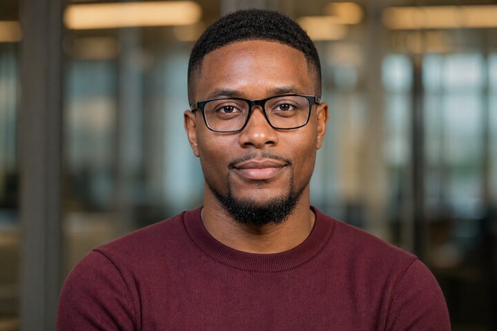 Photorealistic AI avatar, professional man with glasses