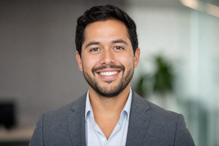 Photorealistic AI avatar, bearded professional man in gray blazer